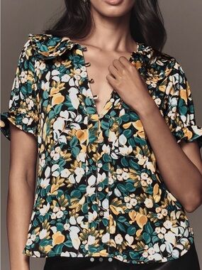 Anthropologie Keira Silky Short-Sleeve Button Front Blouse NWT